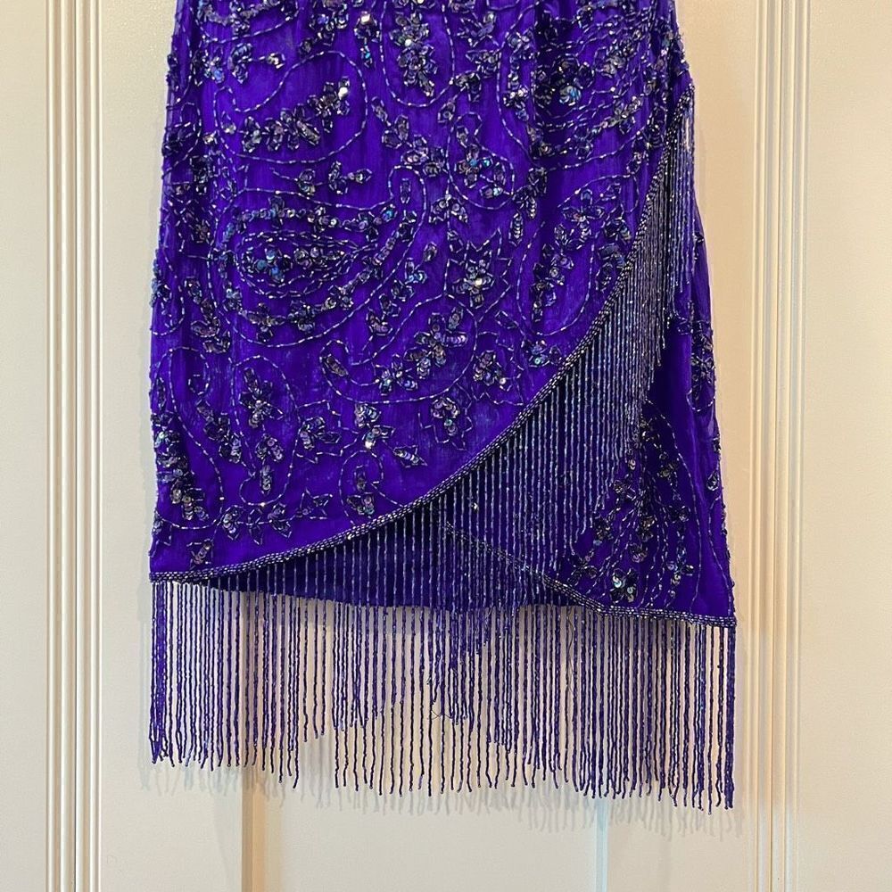 VTG Stenay Women 4 100% Pure Silk Royal Blue Beaded Fringe Elegant Flapper Dress - Picture 5 of 15